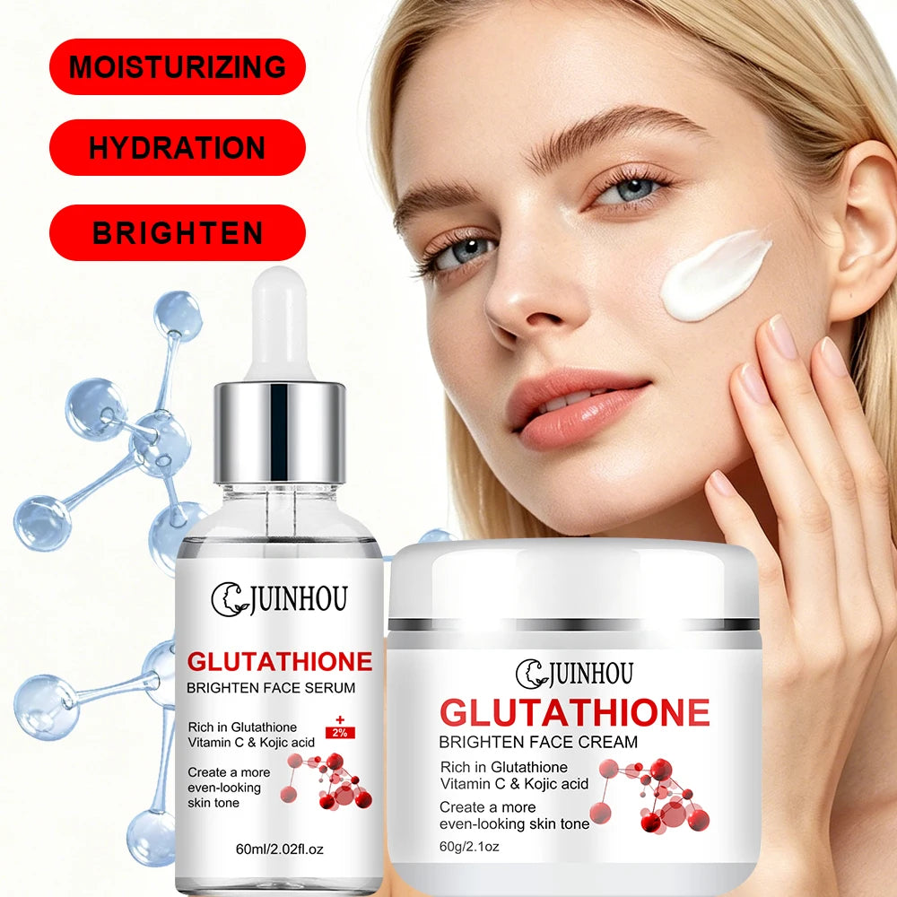 JUINHOU Glutathione Vitamin C Brighten Face Cream and Serum Set Even Skin Tone Niacinamide Anti-Oxidation Radiant Glow Skin