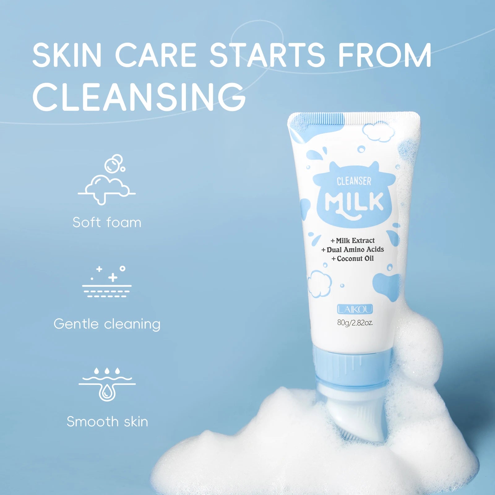 LAIKOU 6Pcs Milk Hydrating Skin Care Set Cleanser Toner Skin Softening Serum Roll & Glow Eye Cream Silky Hydrating Mask Facial K