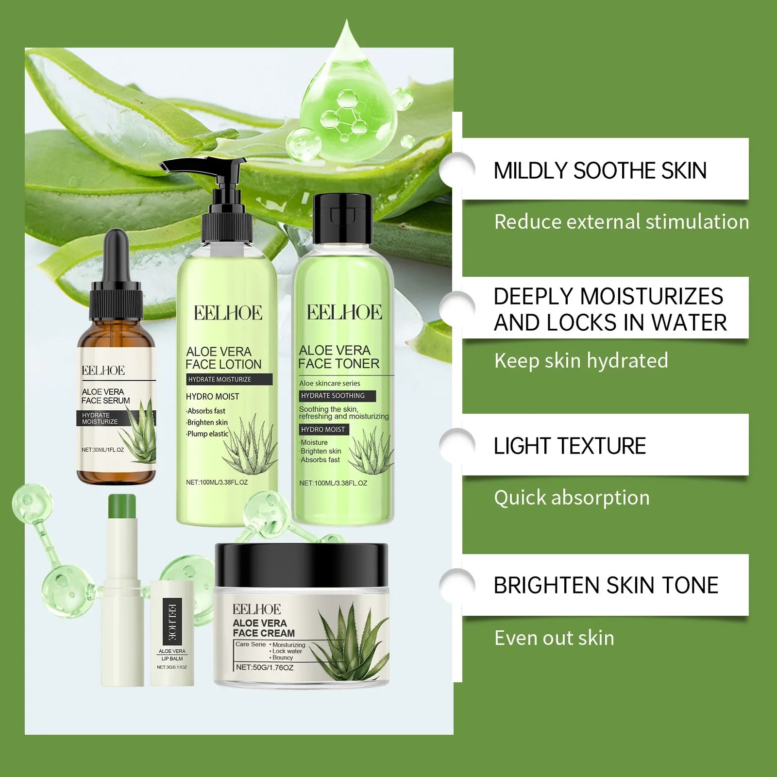 Eelhoe Aloe Vera Skin Care Series Fade Fine Lines Light Weight Improving Elasticity Nourishing Hydrating Facial Moisturizing Set